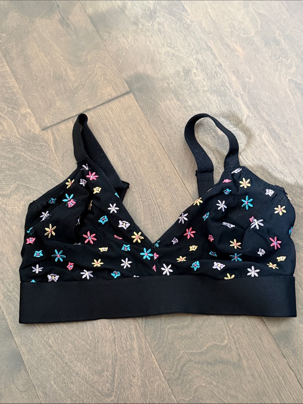 Black Floral Embroidered Wireless Bralette